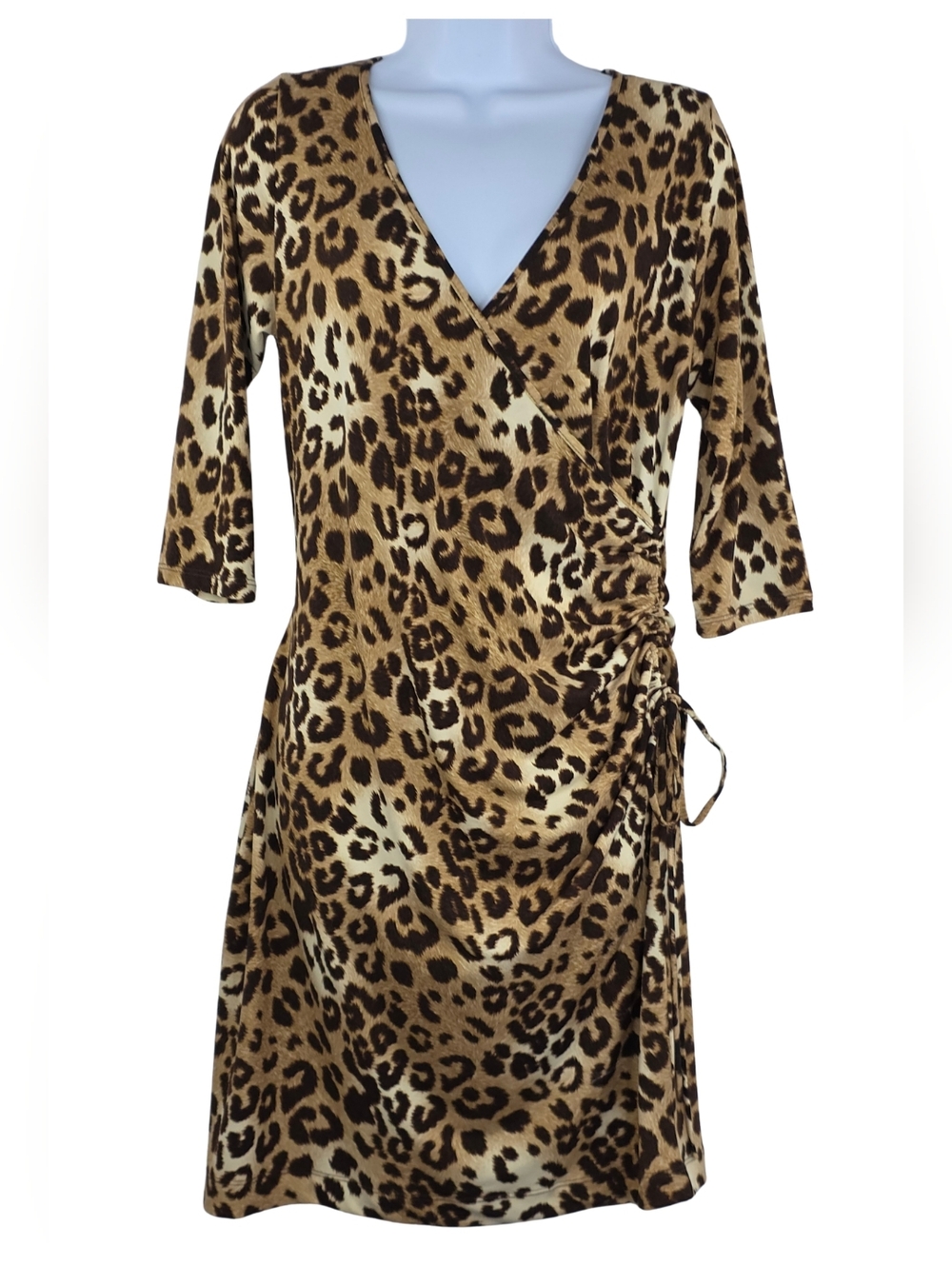Clara Sun Woo S Cheetah Print Faux Wrap Ruched V Neck Dress 3492-